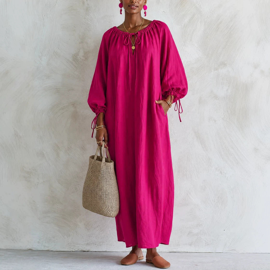 Women's maxi dress in kaftan style with gathered round neckline, balloon sleeves and side pockets Chichicherry