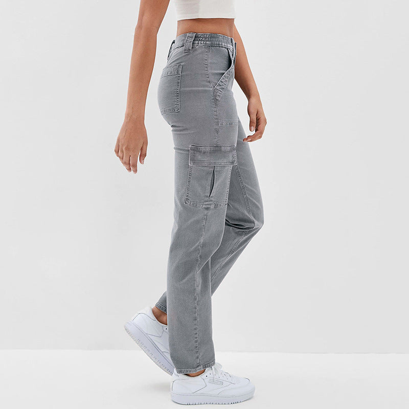 Women's High-Waisted Denim Cargo Pants with Straight Leg and Multiple Pockets Chichicherry
