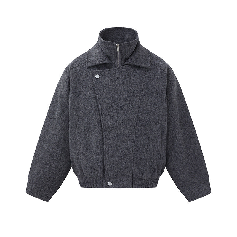 Men's Boxy Wool Blend Blouson Jacket with Asymmetric Double Fastening and High Stand-Up Collar Chichicherry