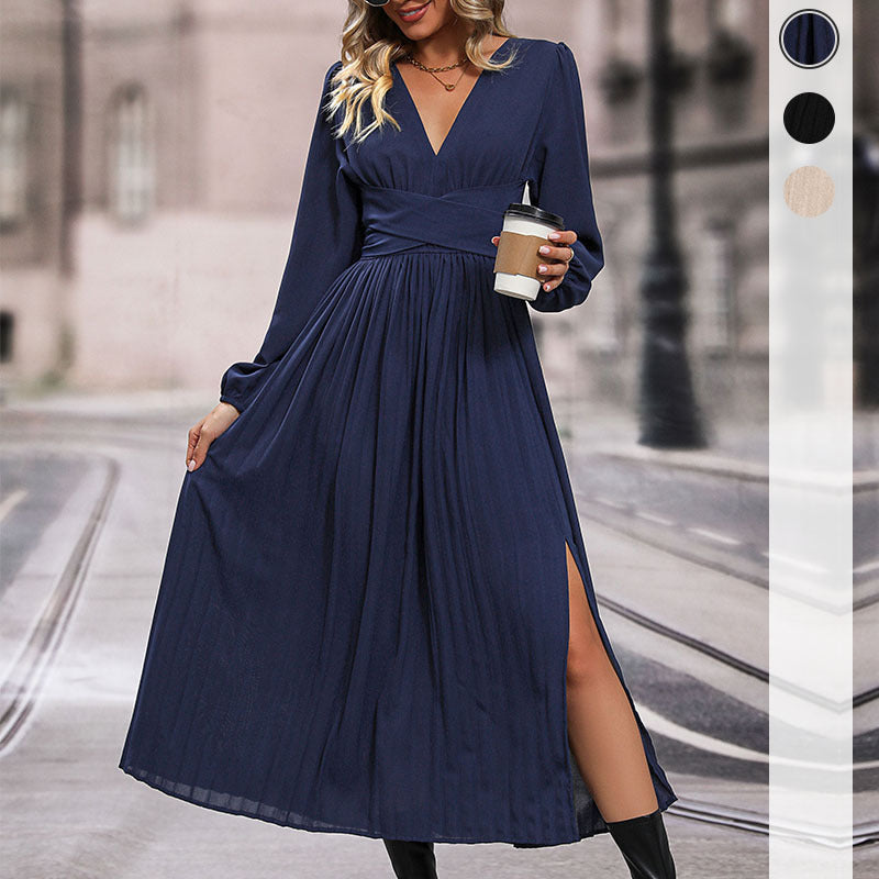 Women Long Viscose Maxi Dress with Wrap Waist, Deep V-Neck and High Slit