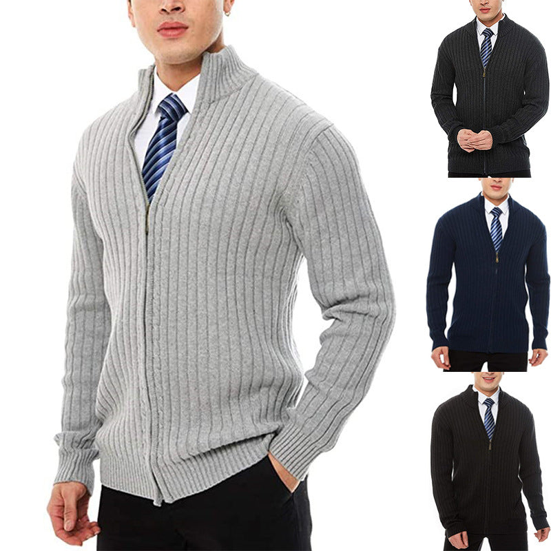 Men's fine-knit cardigan with full-length zipper, stand-up collar, and distinctive ribbed texture Chichicherry