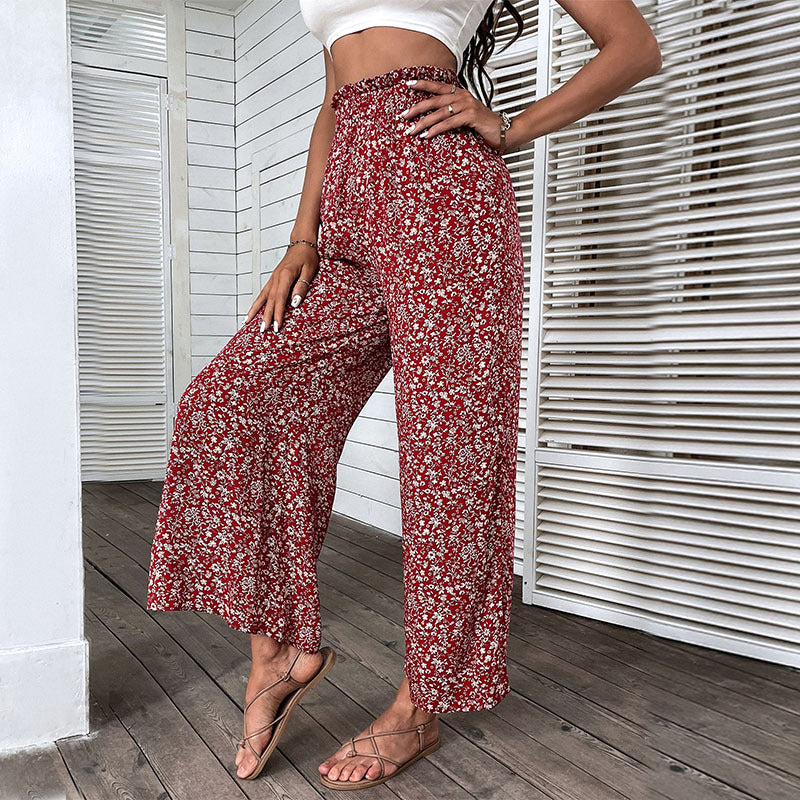 Women's wide high-cut palazzo pants with floral pattern and side leg slit Chichicherry