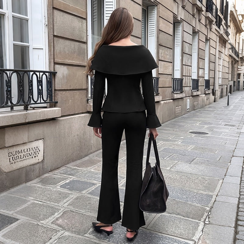 Women's Elegant Off-Shoulder Two-Piece Set with Fitted Corset Top & Flared Palazzo Pants Chichicherry