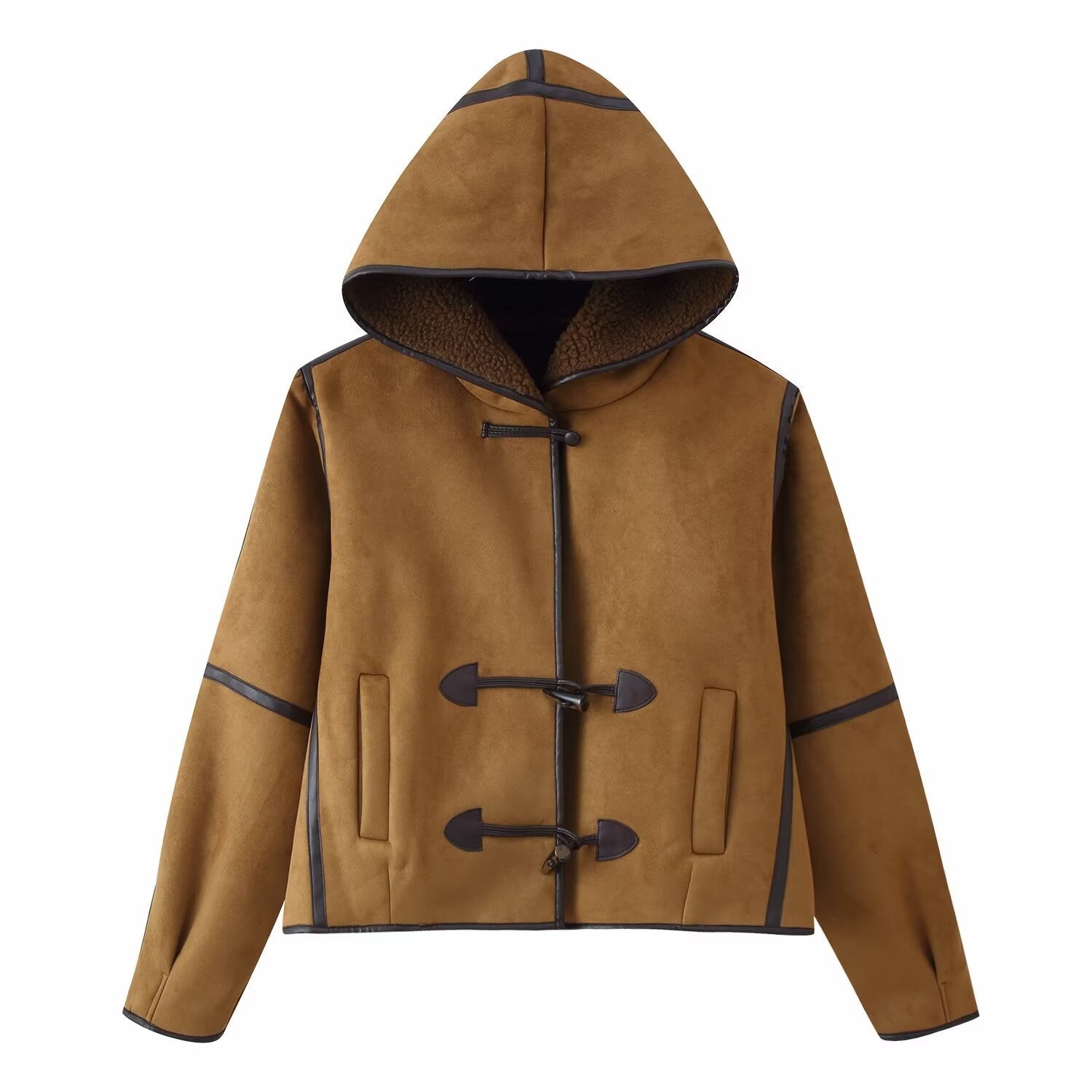 Women's Short Hooded Sheepskin Imitation Duffle Jacket with Toggle Fastenings Chichicherry