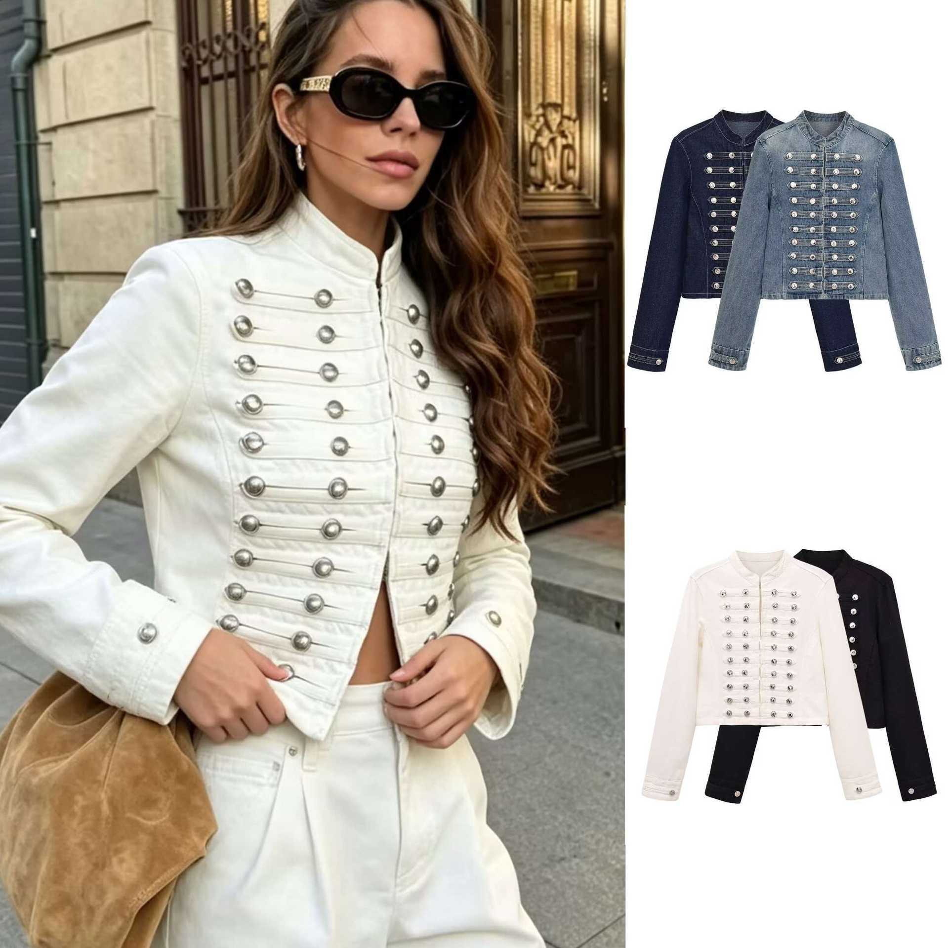 Women’s denim jacket in military style with row buttons and stand-up collar Chichicherry