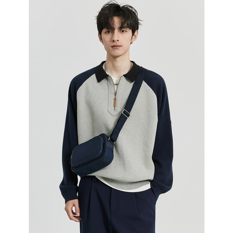 Herren Halbzip-Pullover mit Polokragen und Colourblock-Ärmeln Chichicherry