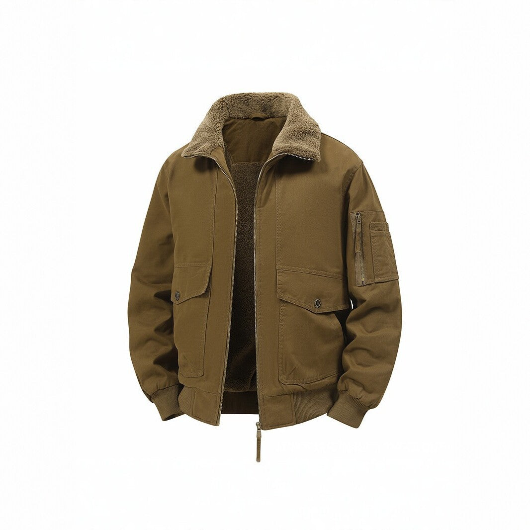 Men's Military Inspired Thermal Bomber Jacket with Teddy Lining, Arm Pocket and Snap Flap Pockets Chichicherry