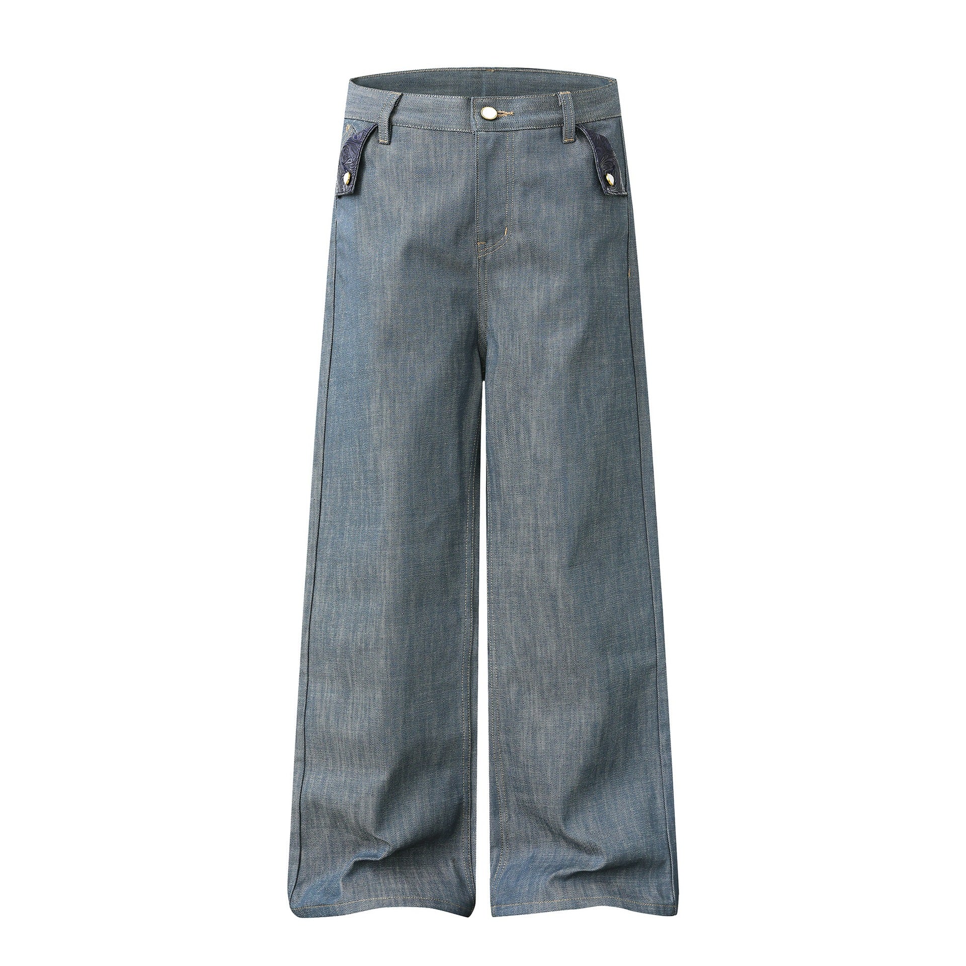Women's high-waisted wide jeans pants with decorative flap pockets and straight leg Chichicherry