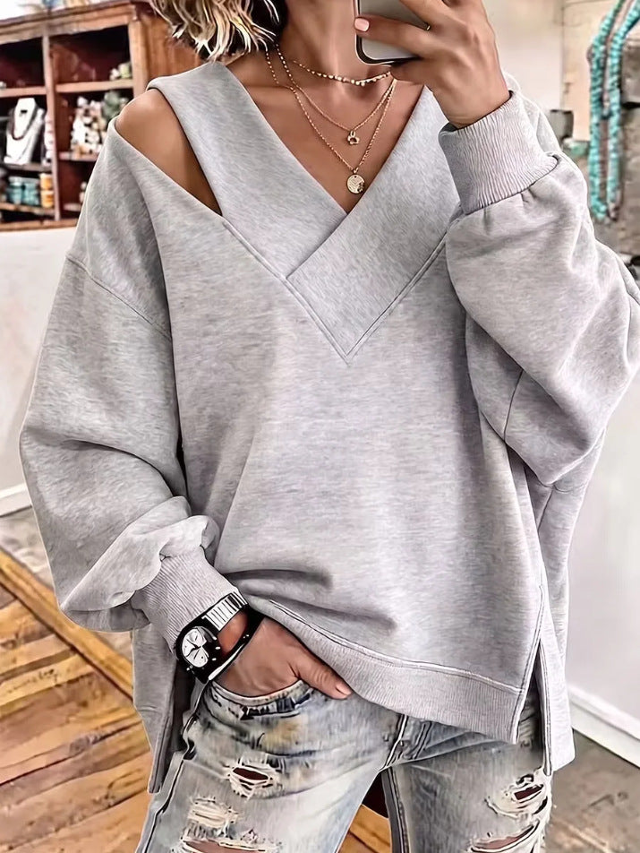 Women's Oversize Sweatshirt with V-Neck and Cut-Out Shoulder Chichicherry