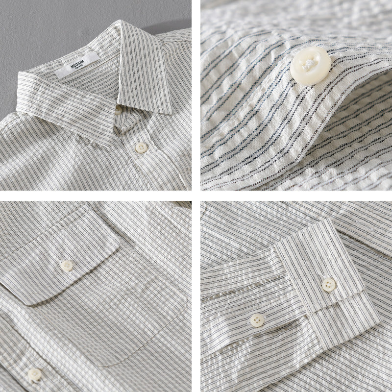 Men's Lightweight Overshirt in Pinstripe Look made of Linen-Cotton Blend with Patch Chest Pockets Chichicherry