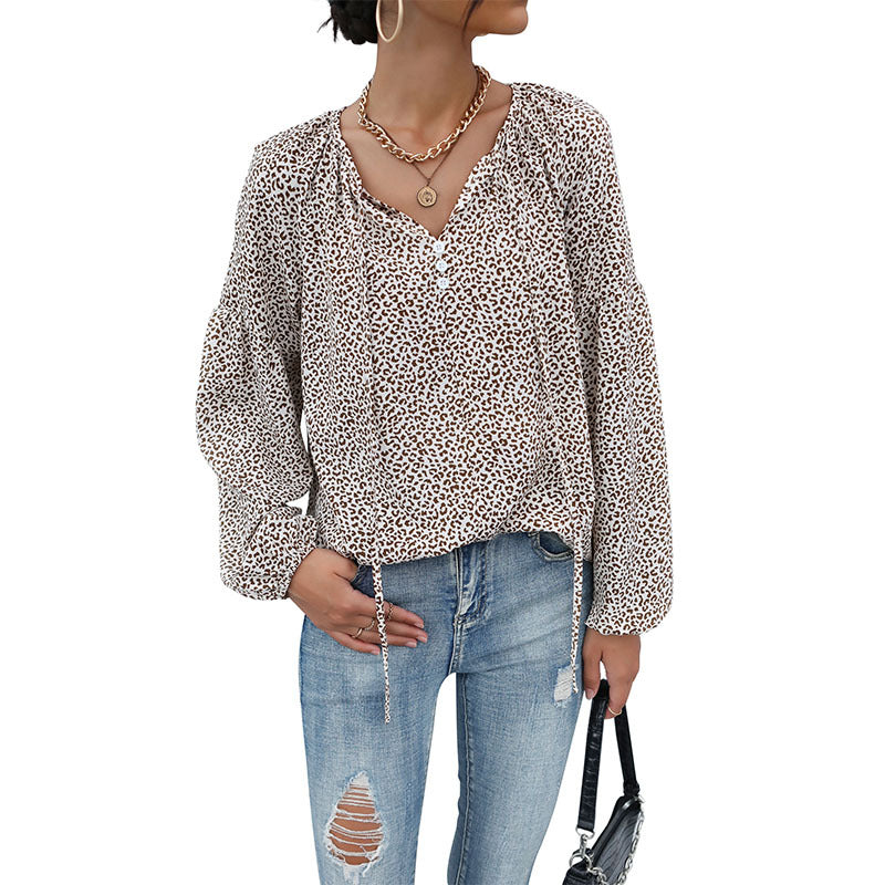 Women's Casual Tunic-Blouse with Fine Leopard Print, Button Placket and Balloon Sleeves Chichicherry