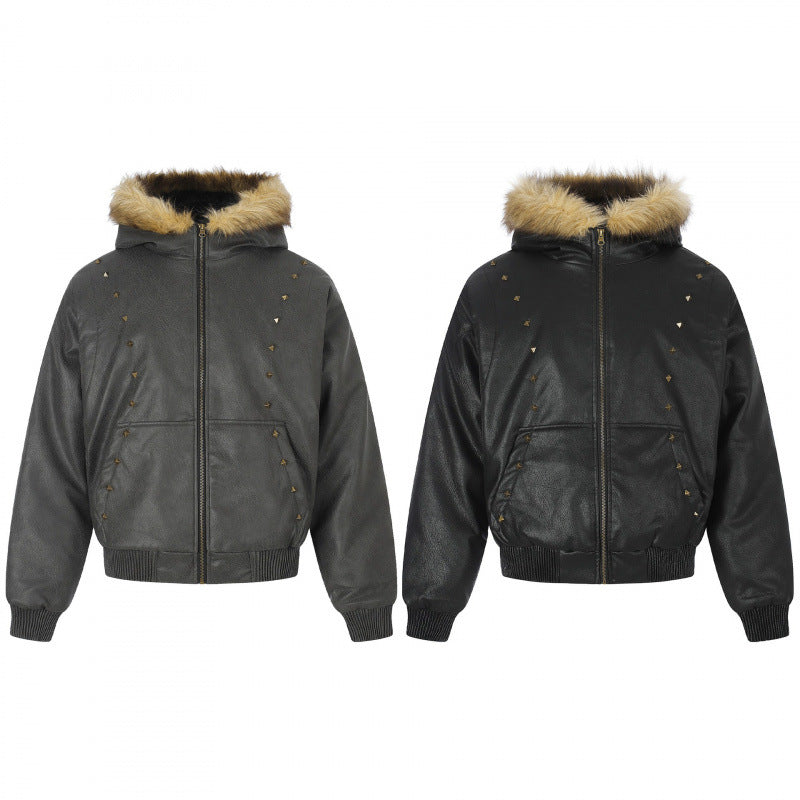 Women's Hooded Jacket in Leather Look with Studded Trim, Faux Fur Collar and Ribbed Hem Chichicherry