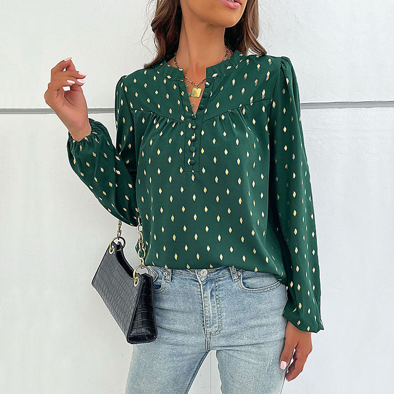 Women's Lightweight Viscose Blouse with Delicate Ikat Print, Stand Collar and Decorative Button Placket Chichicherry