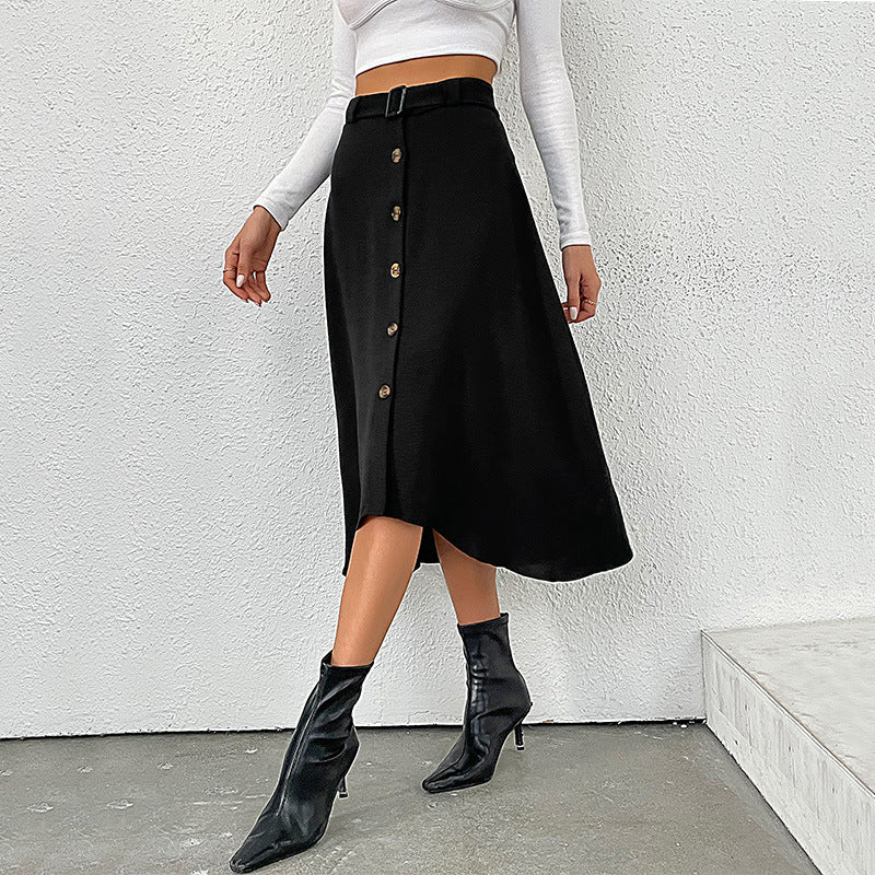 Women's midi skirt with decorative button placket, waist belt, and slightly A-line cut Chichicherry