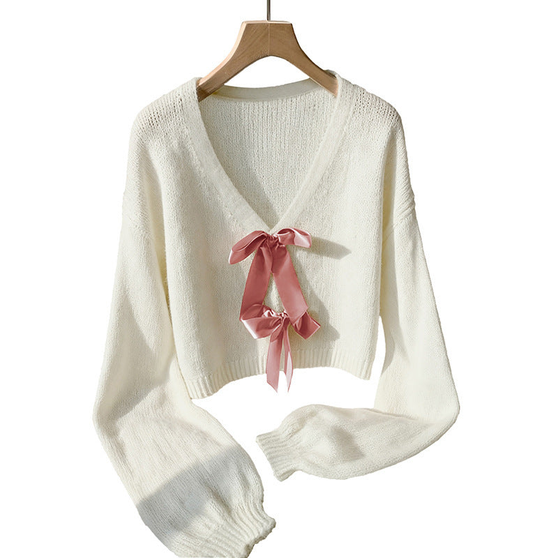 Women Short Cut V-Neck Mohair Blend Sweater with Satin Ribbons