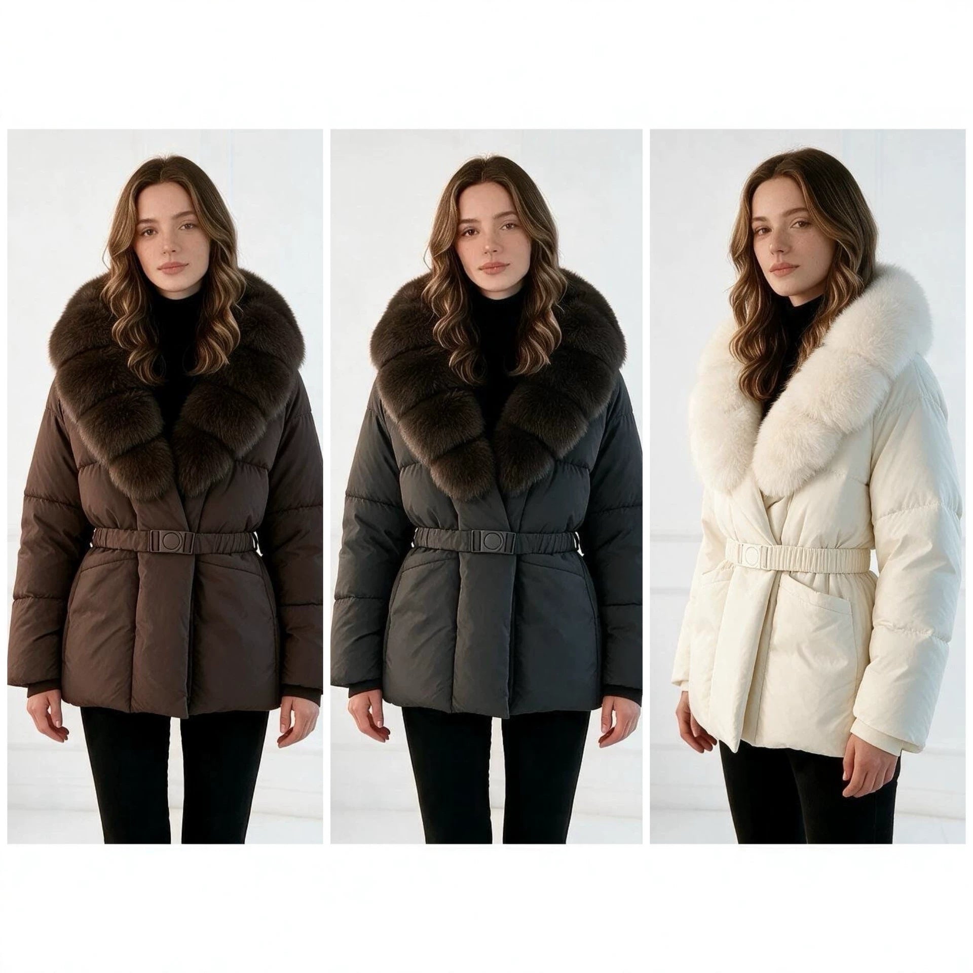 Women's tailored quilted jacket with oversized faux fur collar, fitted belt, and warming thermal insulation Chichicherry