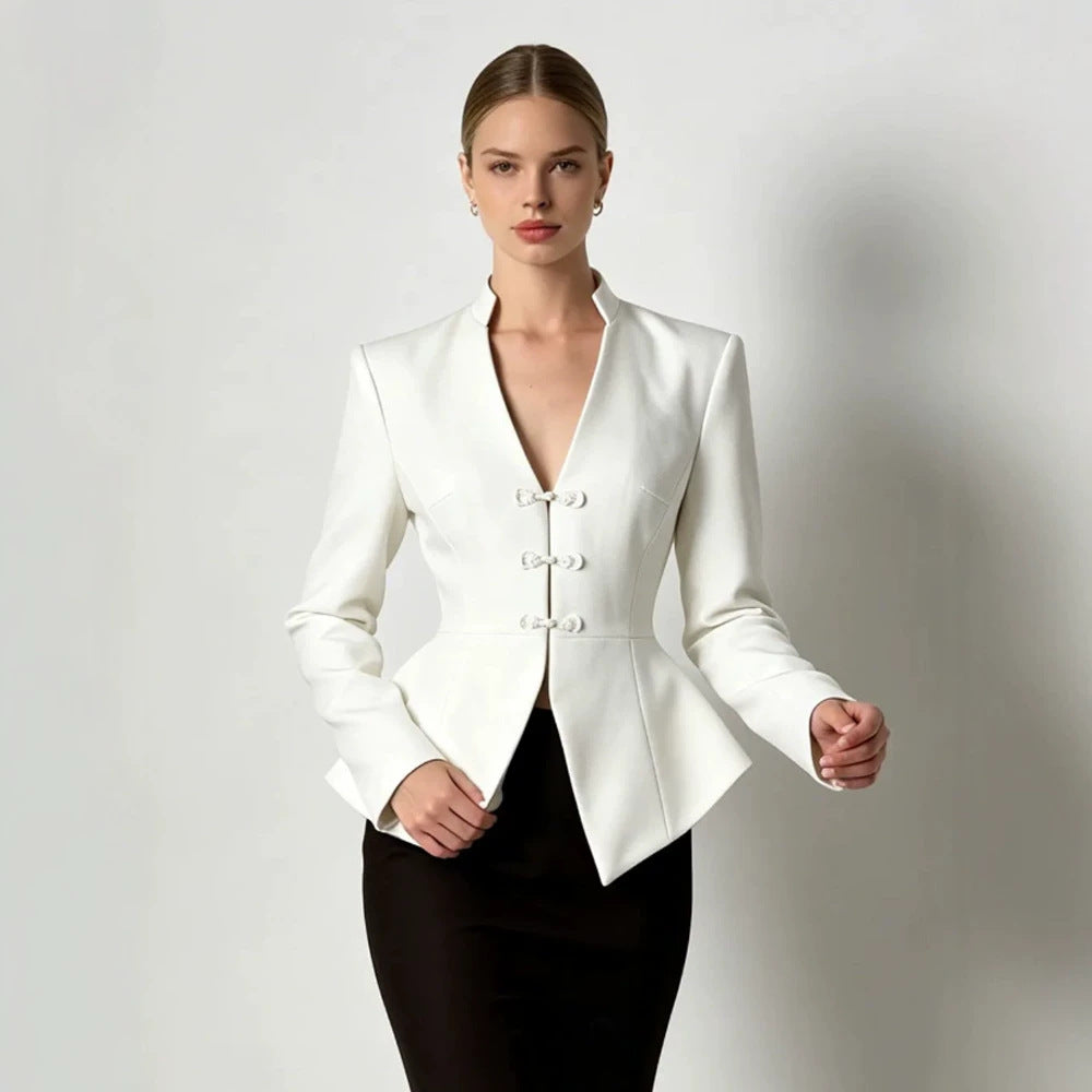Women's Tailored Peplum Blazer with Mandarin Collar and Decorative Knot Fastenings Chichicherry