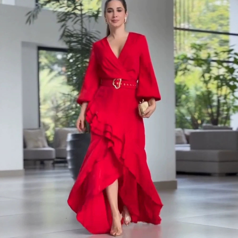 Women's Elegant Wrap Maxi Dress with Ruffles, Fitted Belt & Wide Bell Sleeves Chichicherry