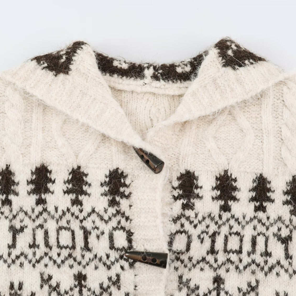 Women's Coarse Knit Hooded Cardigan with Horn Buttons and Norwegian Pattern Chichicherry