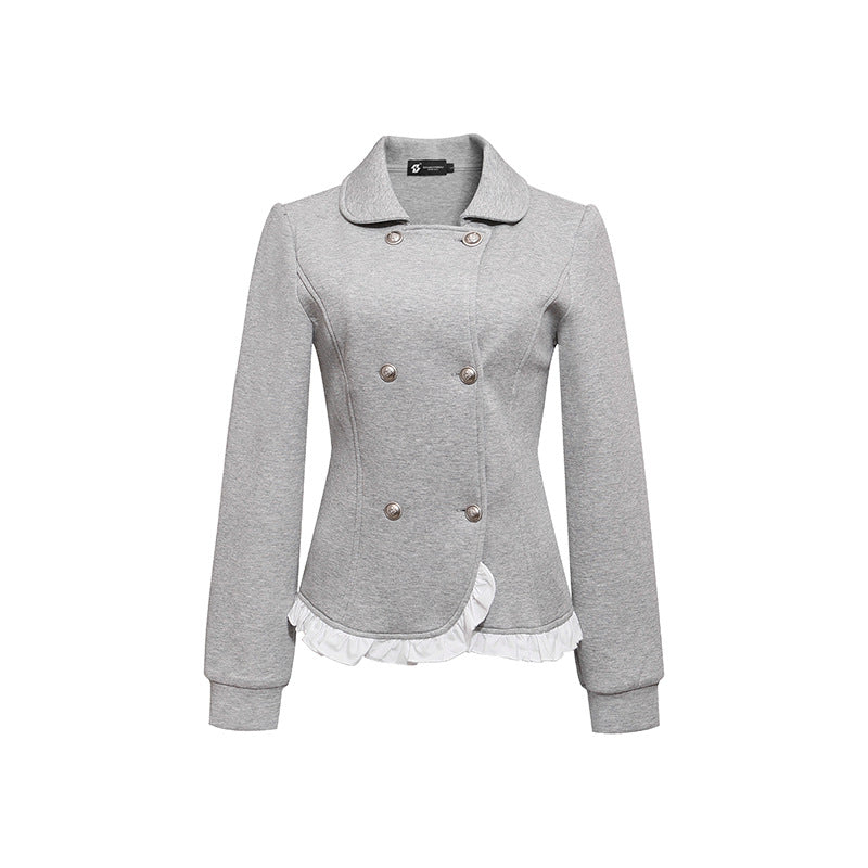 Ladies Tailored Sweat Jacket in Peplum Style with Double Row and Ruffle Trim Chichicherry
