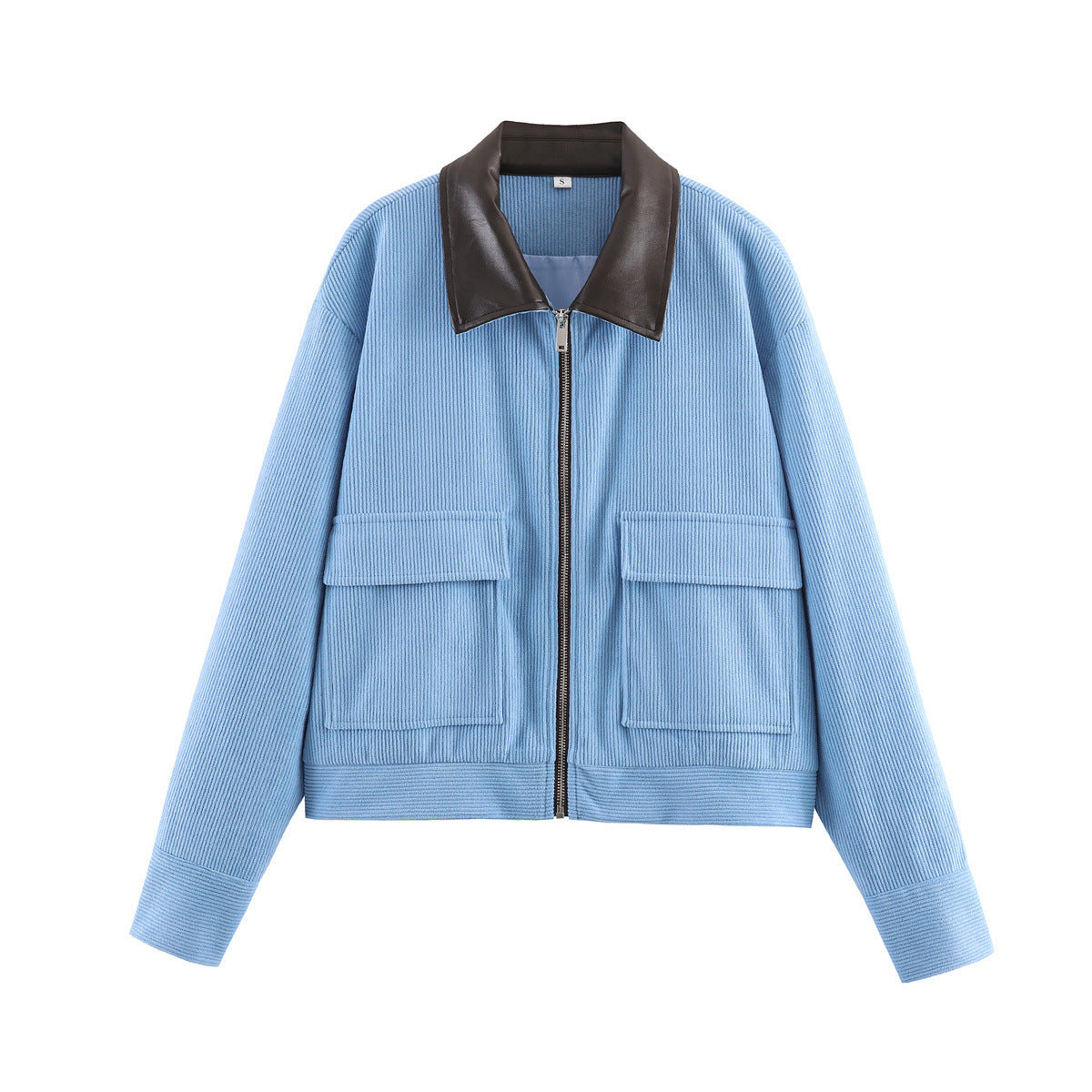 Women short-cut ribbed cardigan with contrast collar, patch pockets and zipper Chichicherry