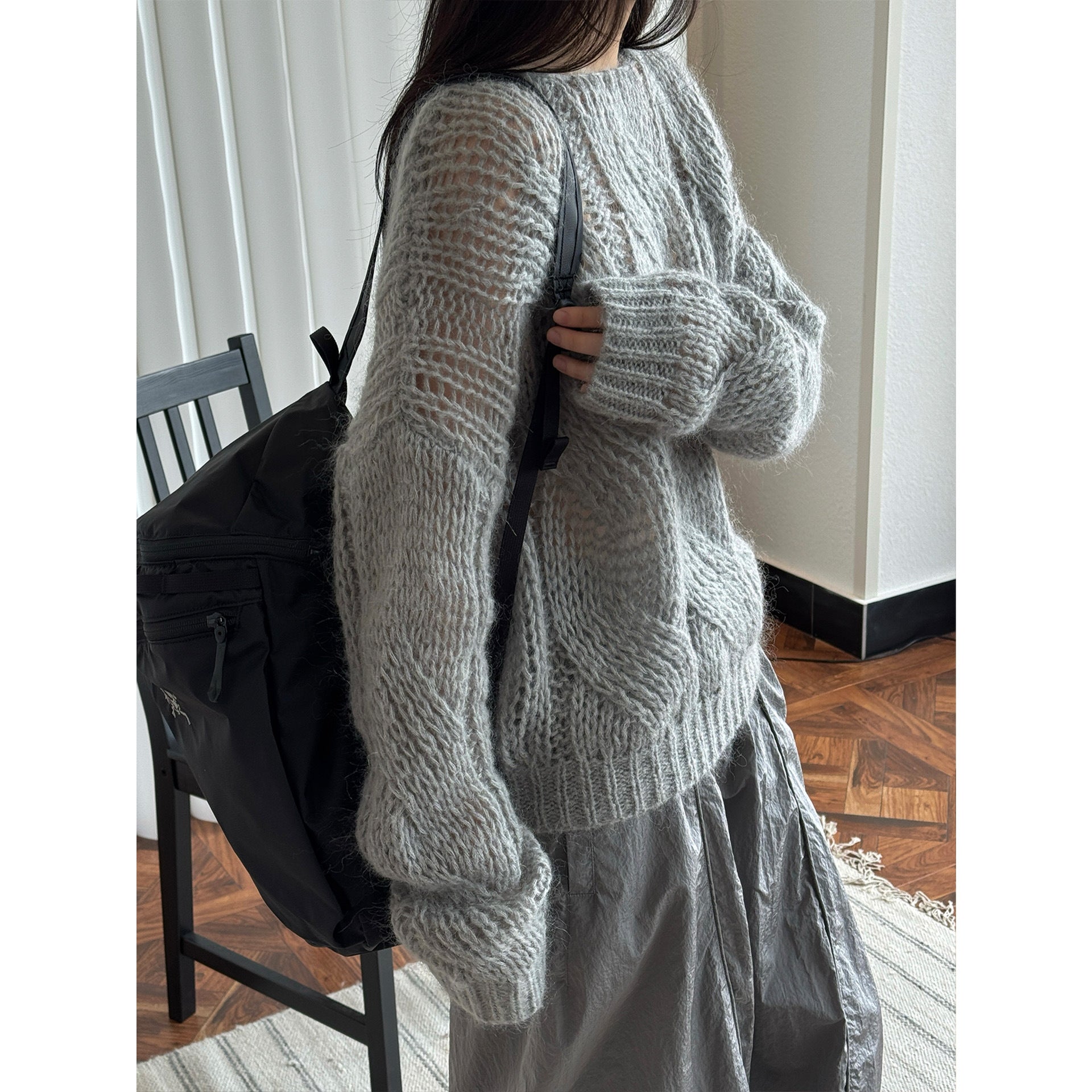 Women's Oversize Mohair-Optic Cable Pattern Sweater with Transparent Effect Chichicherry