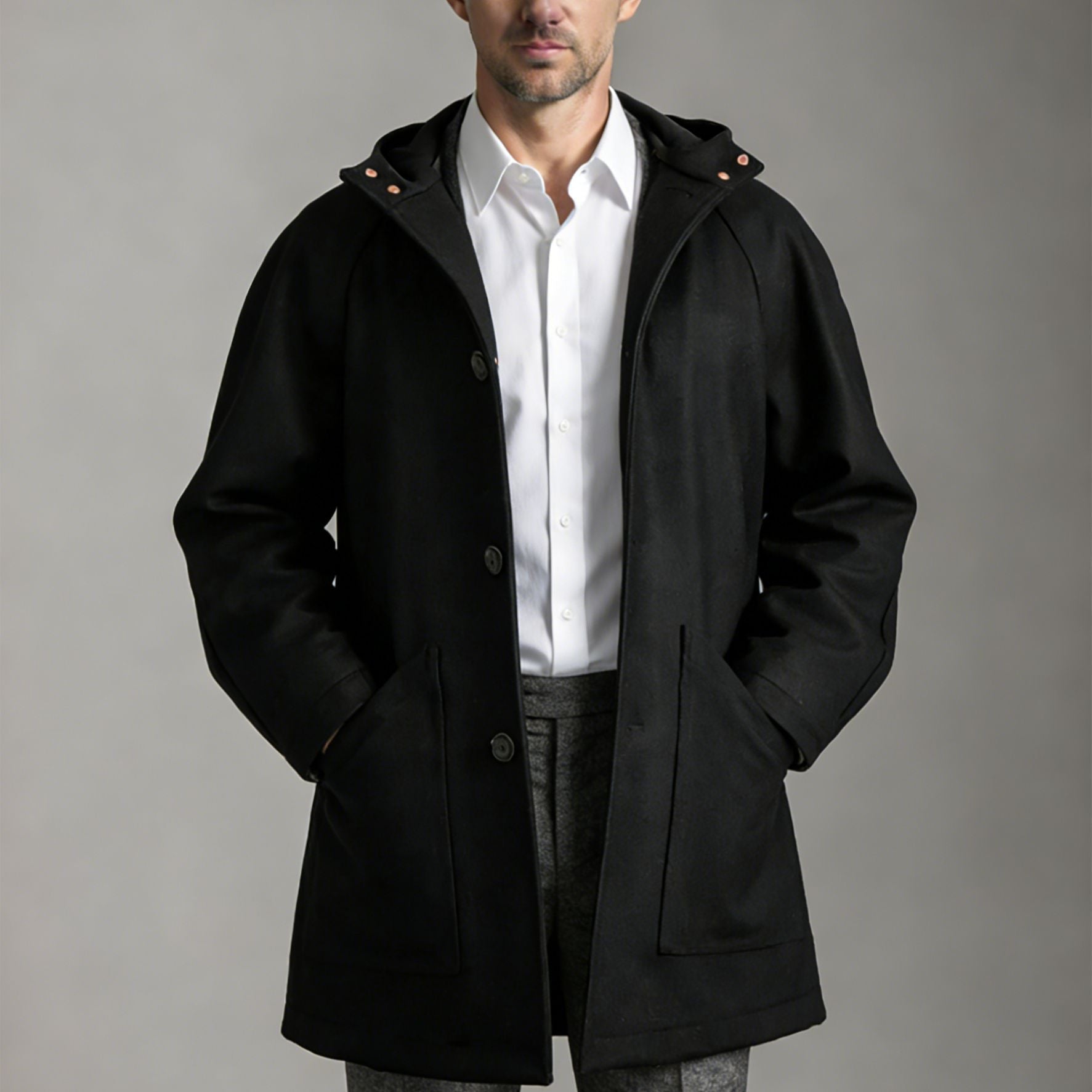 Men Tailored Wool Blend Coat with Hood and Concealed Button Placket Chichicherry