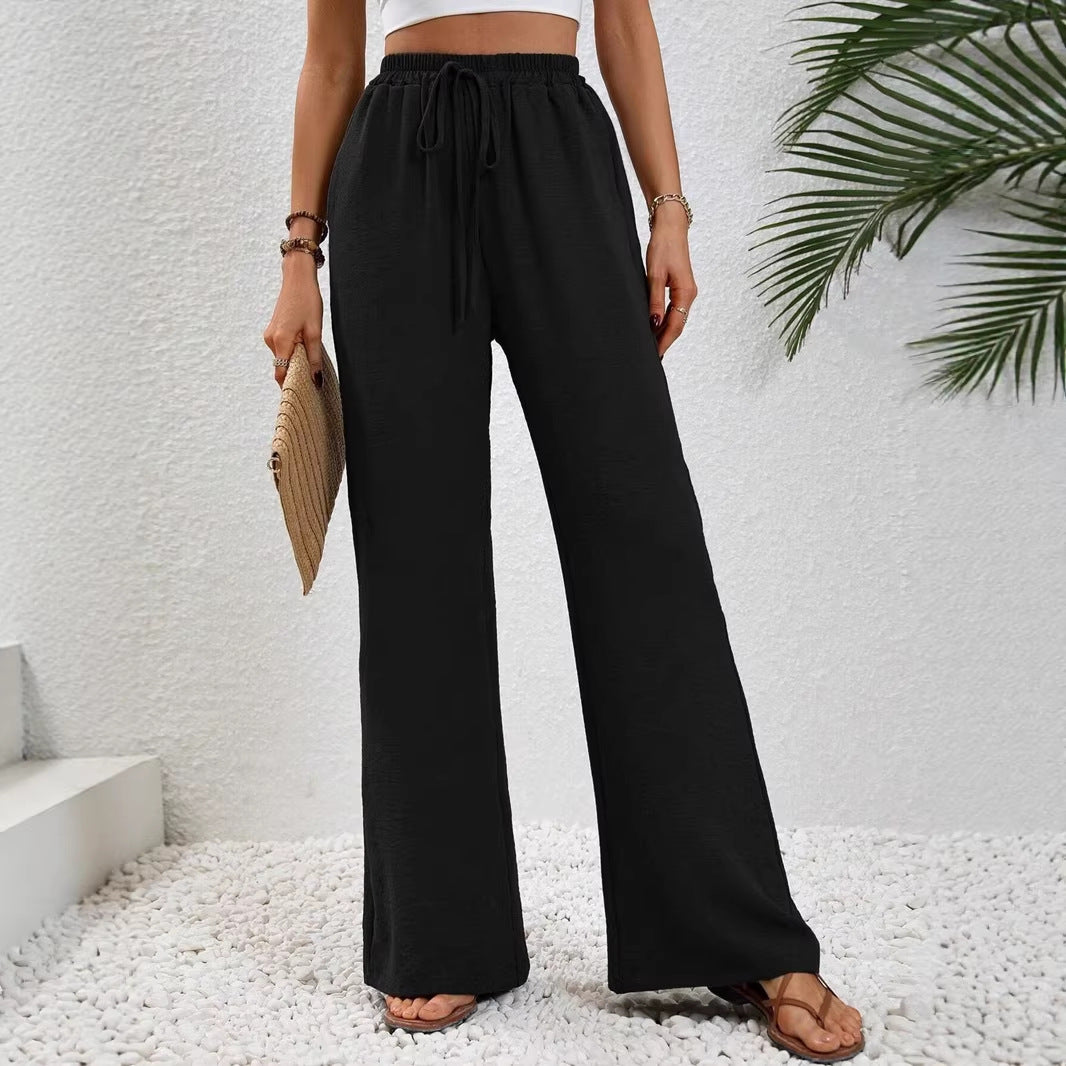 Women's Light Palazzo Pants with Elastic Waistband, Drawstring, and Side Pockets Chichicherry