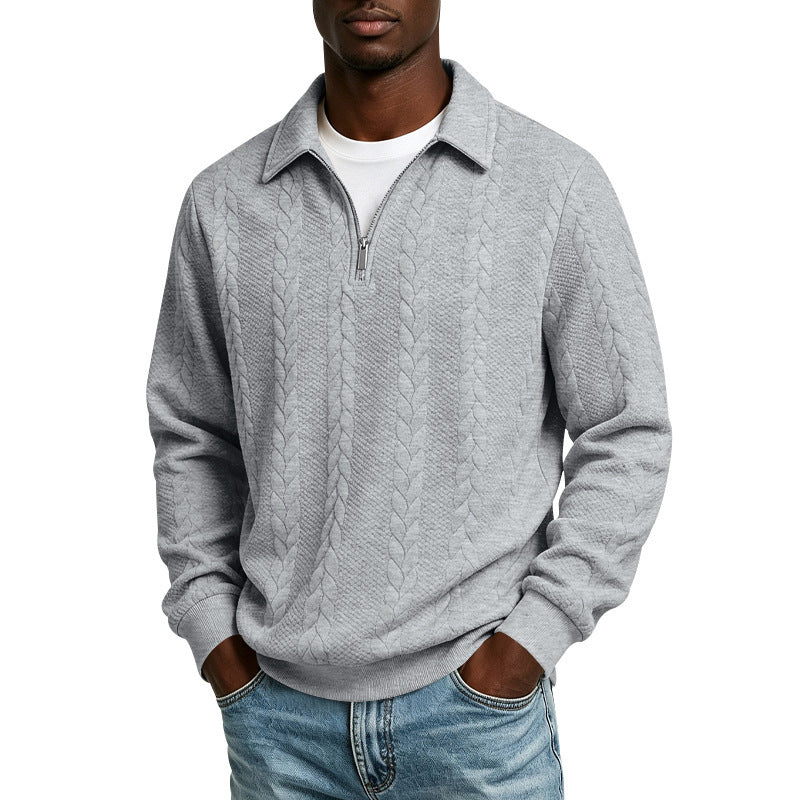 Men's cotton blend polo sweater with short front zip and cable knit pattern Chichicherry