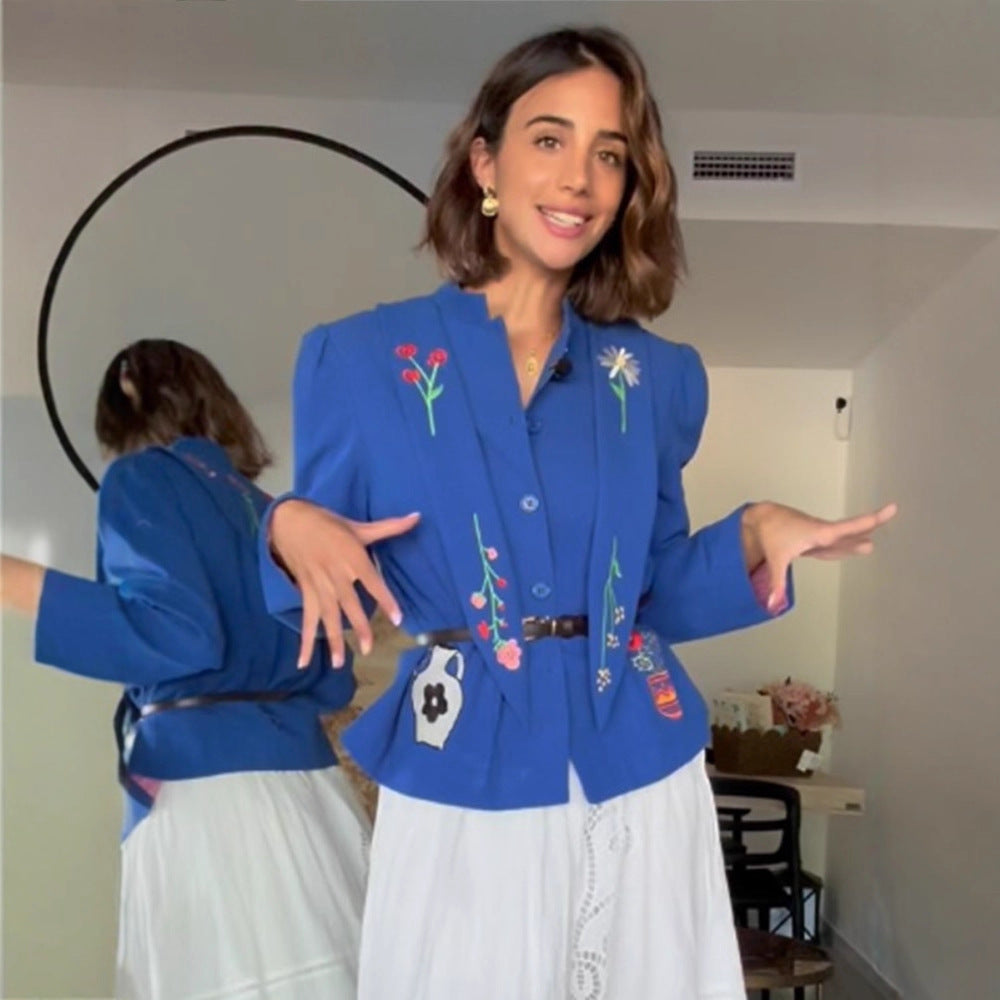 Women Embroidered Tailored Short Jacket with Peplum and Belt Chichicherry