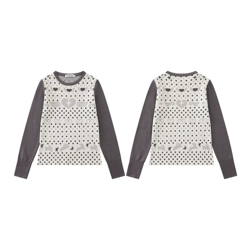Ladies fine knit pullover with jacquard motif, round neckline and contrast sleeves Chichicherry