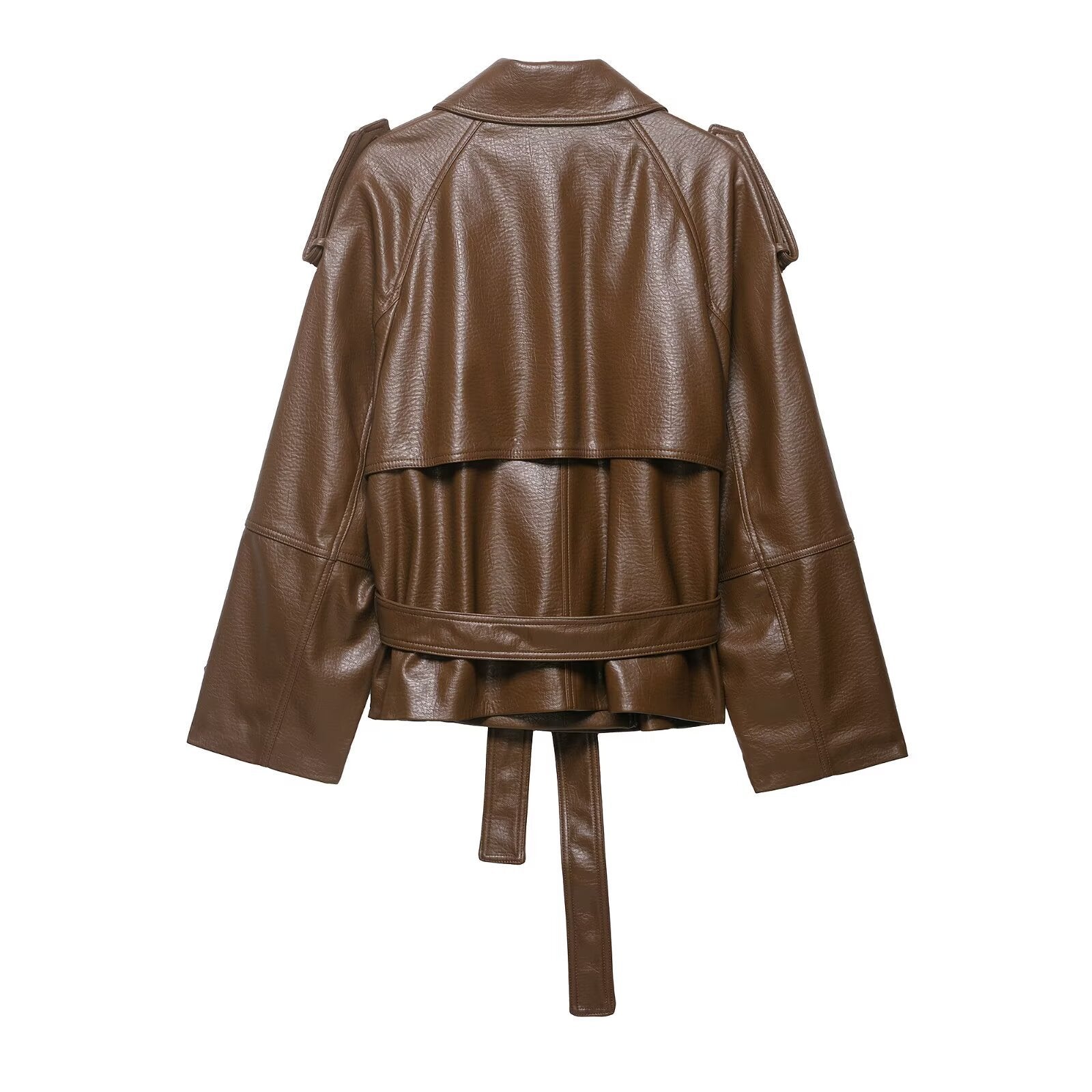 Women's leather trench coat with belt, shoulder flaps and oversized collar Chichicherry