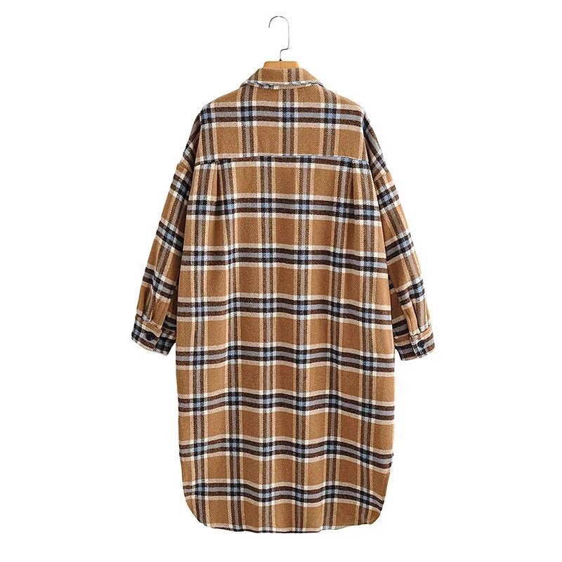 Women's Oversize Check Shirt Jacket in Longline Cut with Patch Chest Pockets Chichicherry