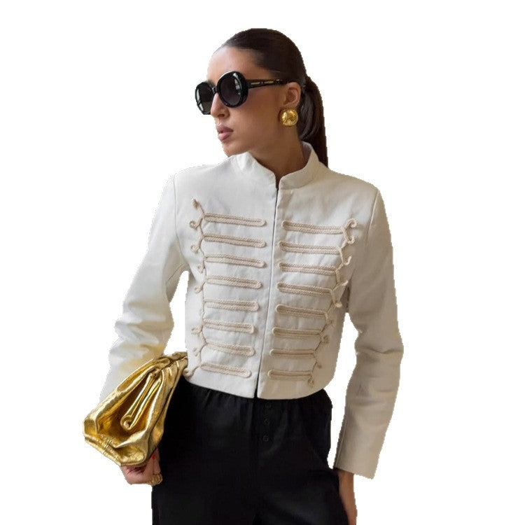 Women Cropped Military Blazer with Stand Collar and Decorative Cord Decoration Chichicherry