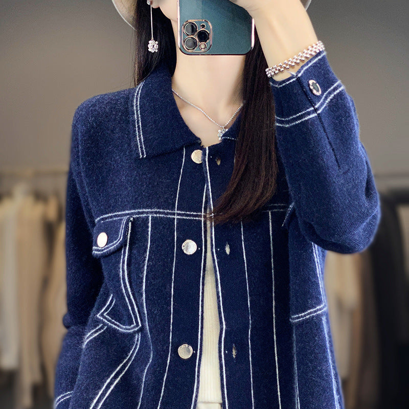 Women’s Oversized Knit Jacket in Denim Jacket Look with Contrasting Stitching Details and Chest Pocket Chichicherry