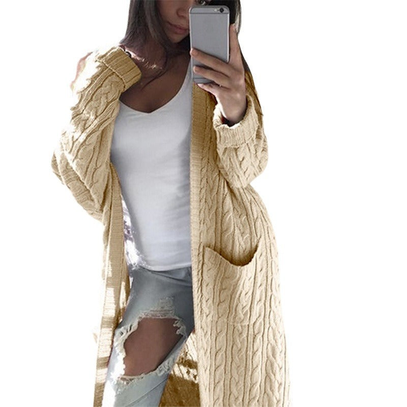 Women Long Oversize Cable Knit Cardigan with Pockets Chichicherry