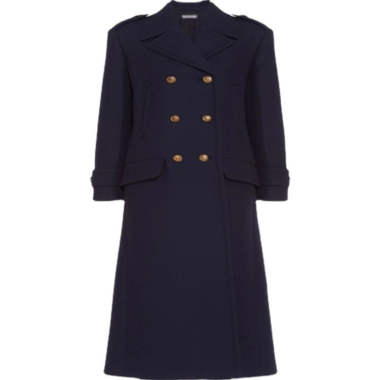 Women Double-breasted military-inspired Maxi Wool Coat with Epaulets and Decorative Straps Chichicherry