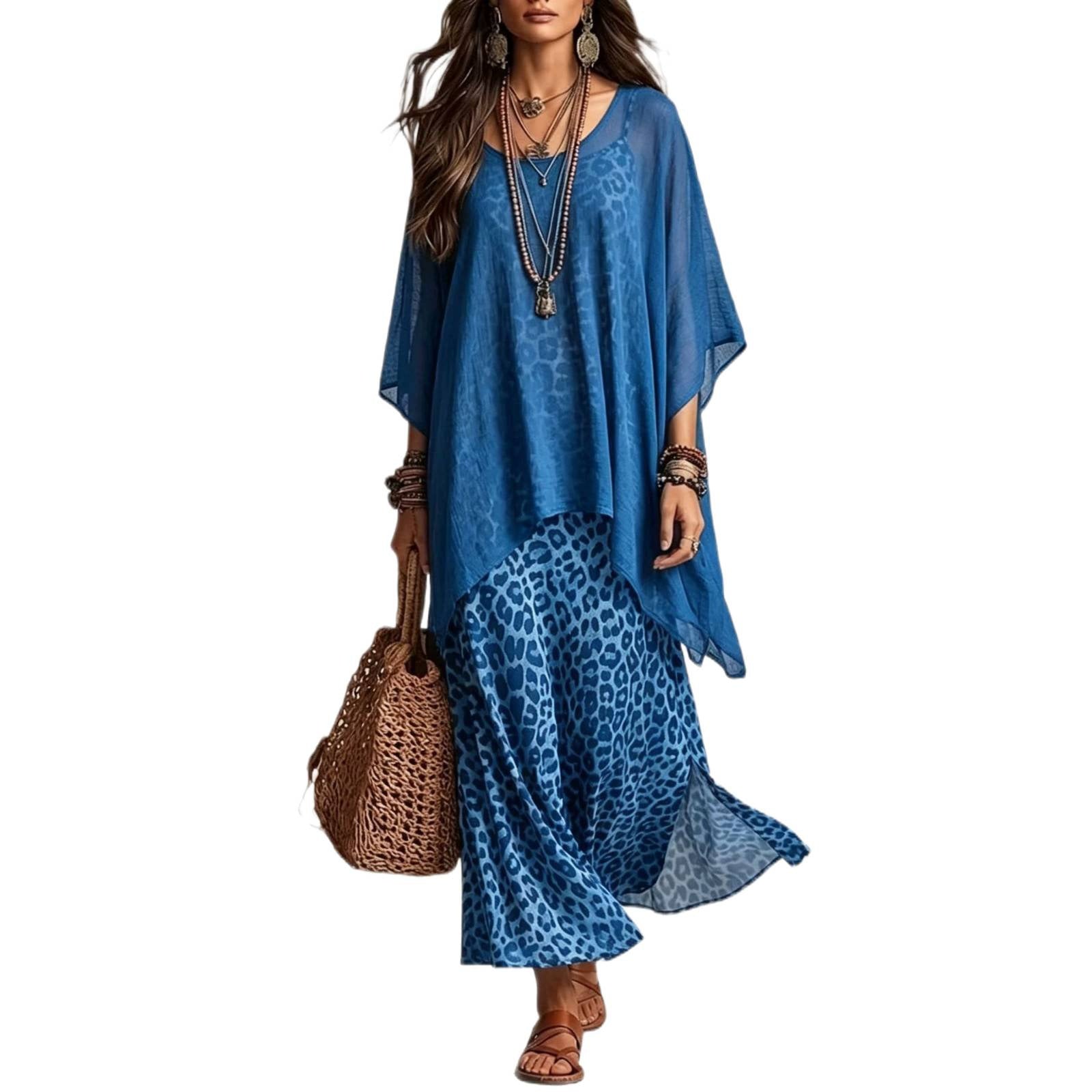 Ladies Boho maxi dress with transparent poncho overlay and leopard print