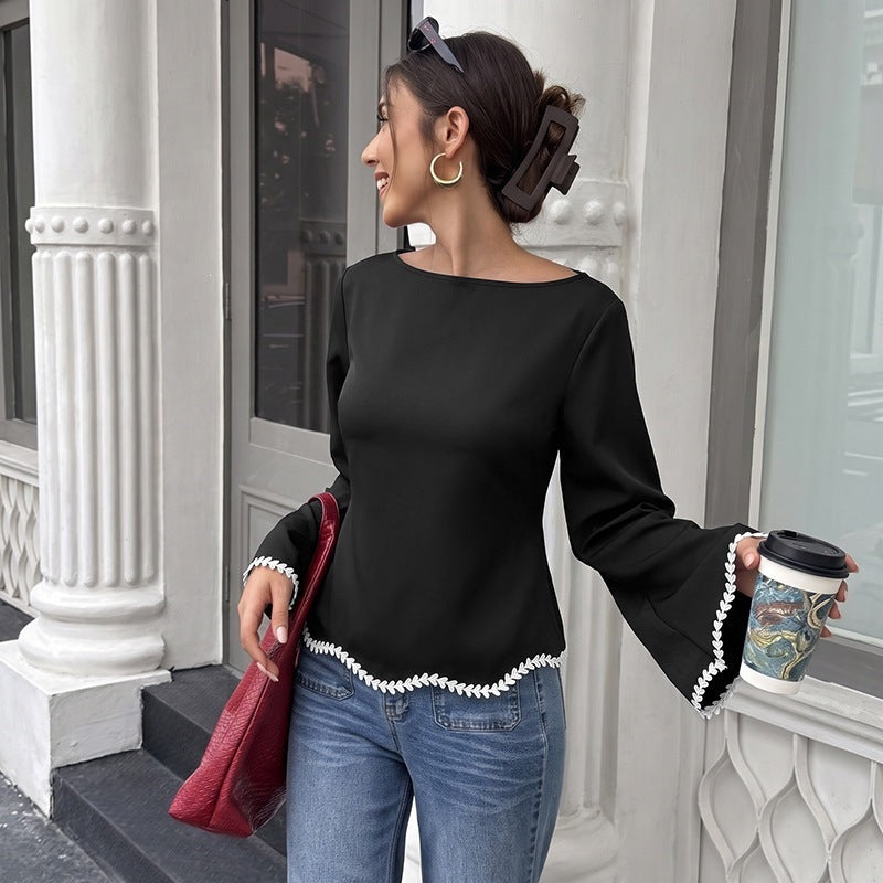Women's Tailored Long Sleeve Blouse with Boat Neck, Bell Sleeves and Embroidered Leaf Trim Chichicherry