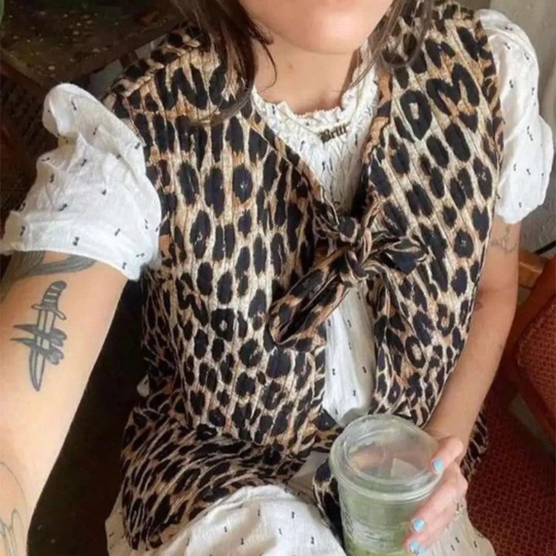 Women Sleeveless Leopard Print Vest with Ties and Textured Surface Chichicherry