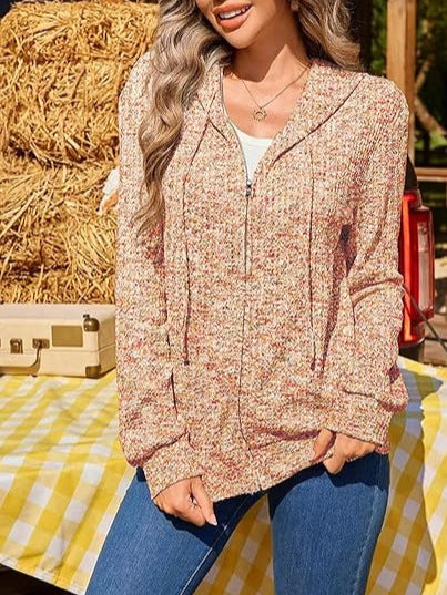 Women's Melange Knit Zip Hoodie with Kangaroo Pockets and Light Fall Chichicherry