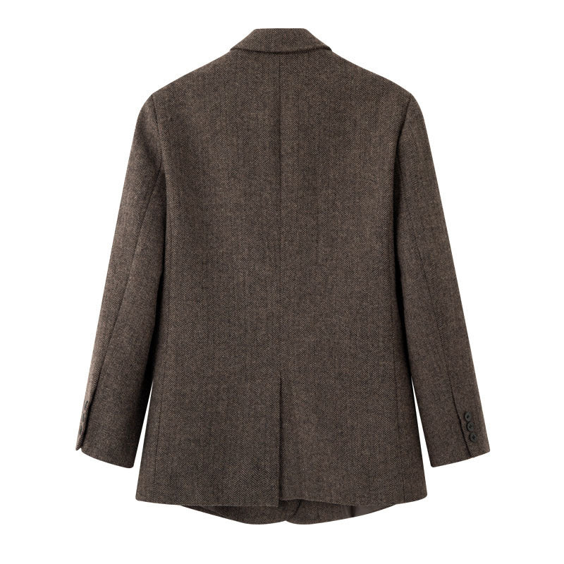Women Double-Breasted Wool Blend Blazer in Herringbone Pattern with Flap Pockets Chichicherry