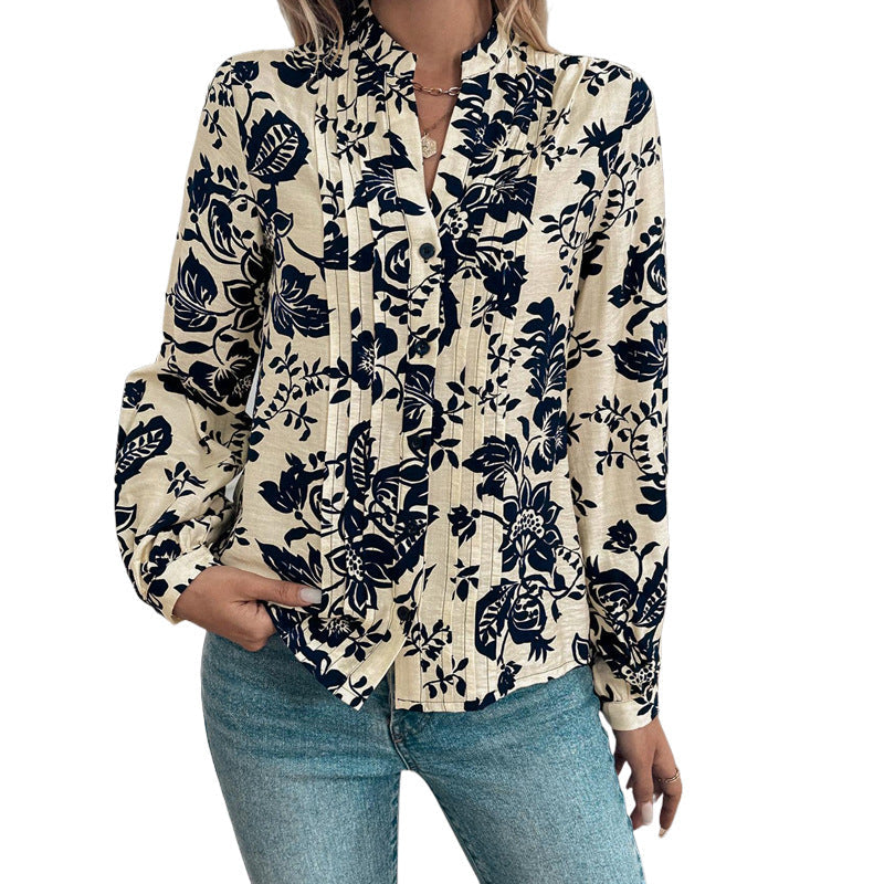 Women's Floral Viscose Blouse with Stand-up Collar, Pleats and Hidden Button Placket Chichicherry