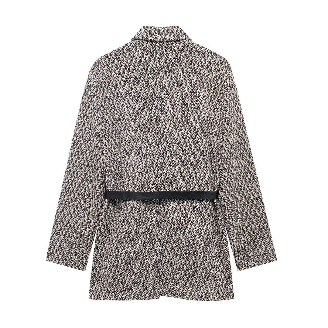 Women's Midi Length Boucle Tweed Blazer Jacket with Faux Leather Belt Chichicherry