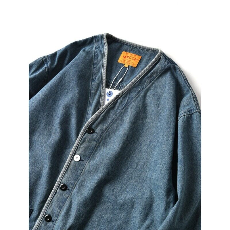 Herren Denim-Chorejacke im Worker-Look mit V-Ausschnitt und aufgesetzten Taschen Chichicherry