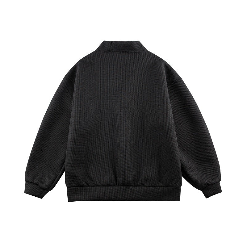 Unisex Boxy knit cardigan in waffle knit with V-neck, continuous button placket, and applied round pockets Chichicherry