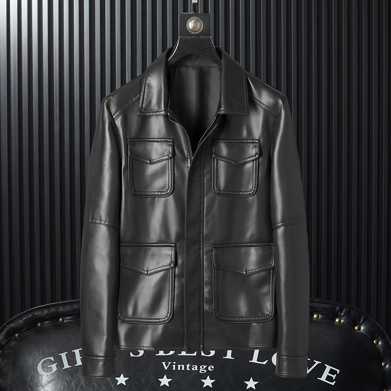 Men's smooth artificial leather field jacket with four patch pockets Chichicherry