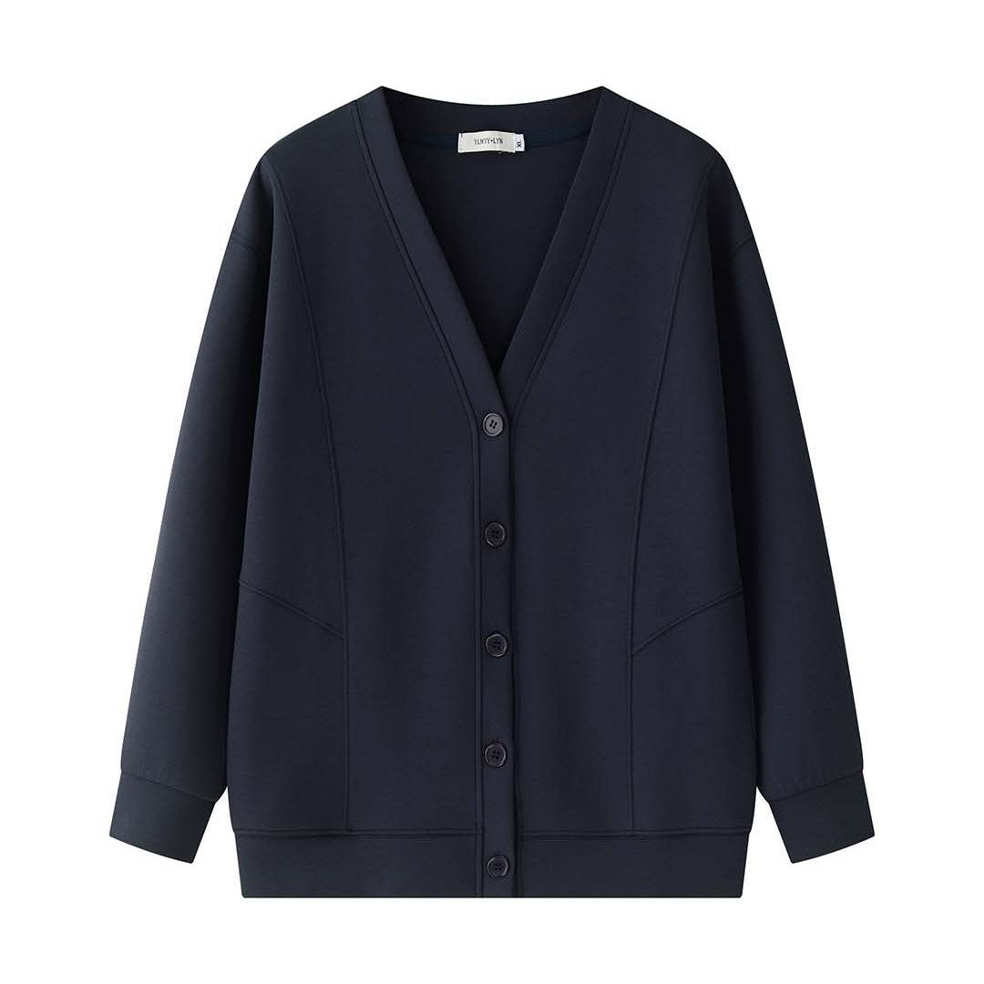 Women's Short-Cut Boxy Cardigan made of French Terry with Deep V-Neck Dress