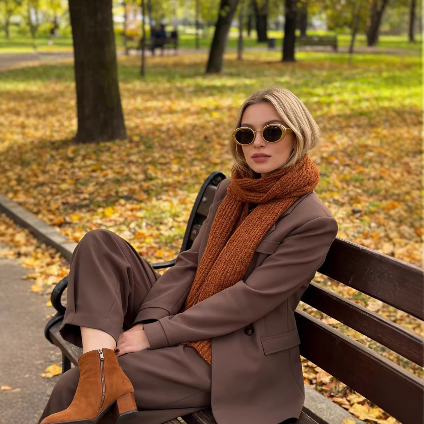 Women's Two-Piece Suit Set with Tailored Double-Breasted Blazer and High-Waisted Pleated Trousers Chichicherry