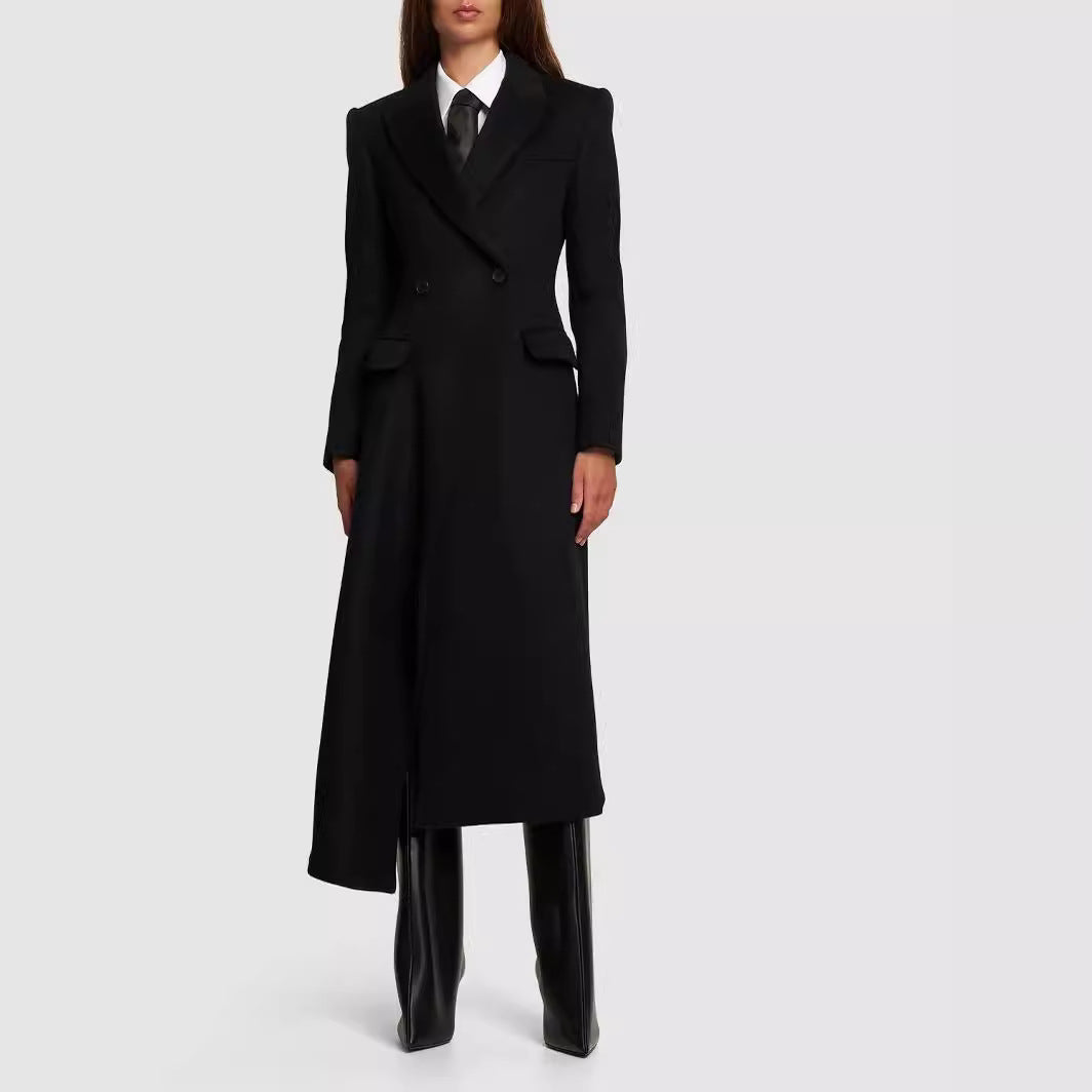 Women Maxilength Asymmetrical Double-breasted Blazer-Coat with Emphasized Shoulder Chichicherry
